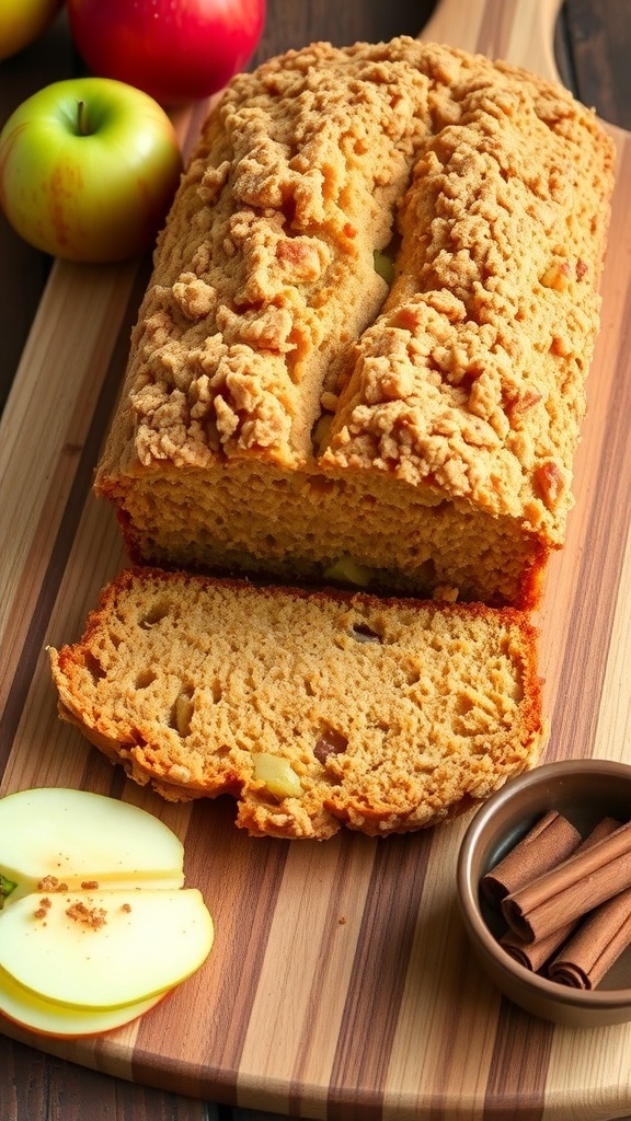 Dutch Apple Quick Bread Recipe A loaf of Dutch apple quick bread with a crumb topping, sliced to show apple pieces, on a wooden board with apple slices and cinnamon.